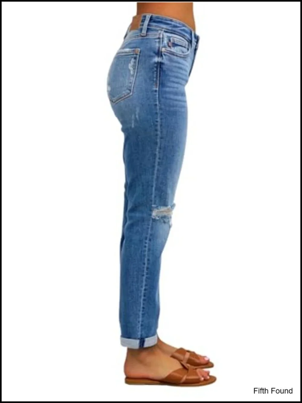 Ripped Mid Waisted Boyfriend Jeans Loose Fit Distressed Stretchy Denim Pants